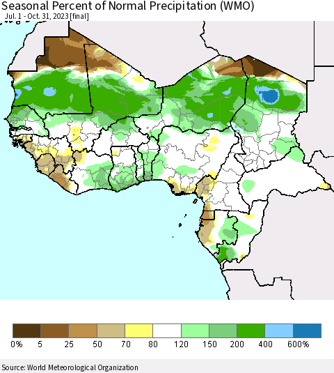 Western Africa Seasonal Percent of Normal Precipitation (WMO) Thematic Map For 7/1/2023 - 10/31/2023