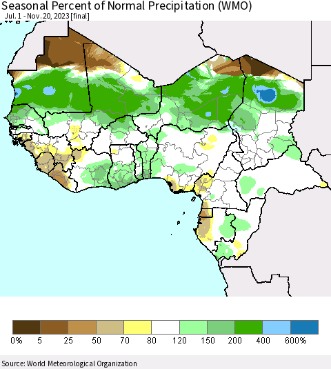 Western Africa Seasonal Percent of Normal Precipitation (WMO) Thematic Map For 7/1/2023 - 11/20/2023