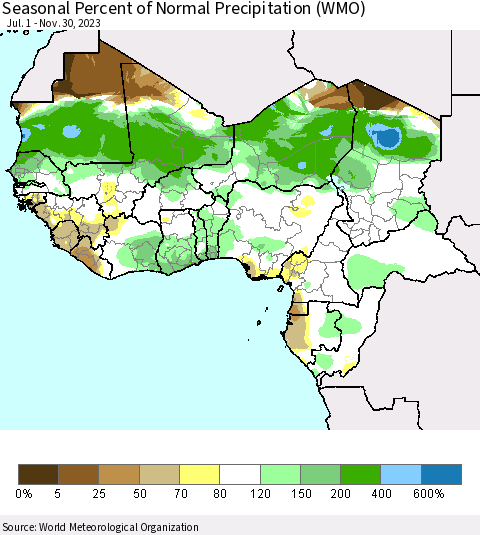 Western Africa Seasonal Percent of Normal Precipitation (WMO) Thematic Map For 7/1/2023 - 11/30/2023
