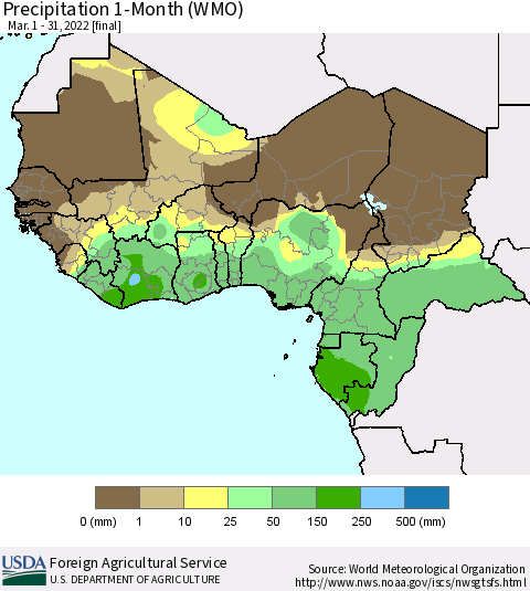 Western Africa Precipitation 1-Month (WMO) Thematic Map For 3/1/2022 - 3/31/2022