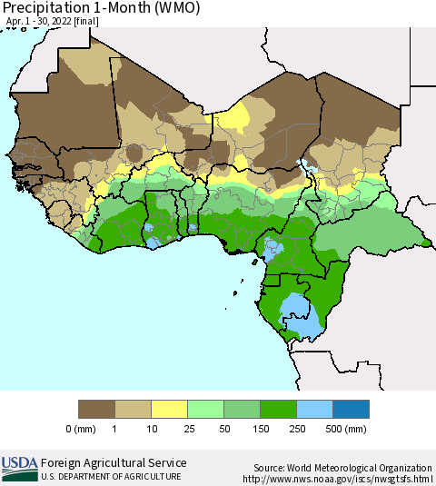 Western Africa Precipitation 1-Month (WMO) Thematic Map For 4/1/2022 - 4/30/2022
