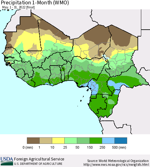 Western Africa Precipitation 1-Month (WMO) Thematic Map For 5/1/2022 - 5/31/2022