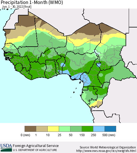 Western Africa Precipitation 1-Month (WMO) Thematic Map For 6/1/2022 - 6/30/2022