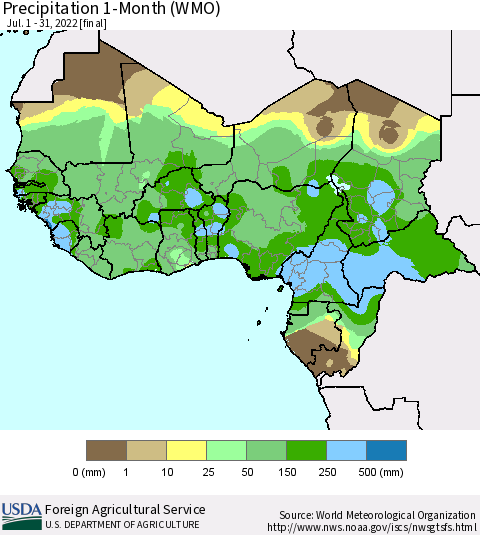 Western Africa Precipitation 1-Month (WMO) Thematic Map For 7/1/2022 - 7/31/2022