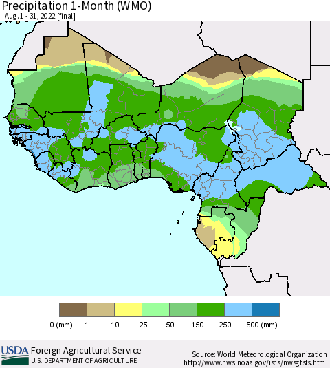 Western Africa Precipitation 1-Month (WMO) Thematic Map For 8/1/2022 - 8/31/2022