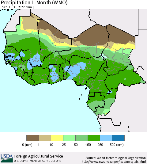 Western Africa Precipitation 1-Month (WMO) Thematic Map For 9/1/2022 - 9/30/2022