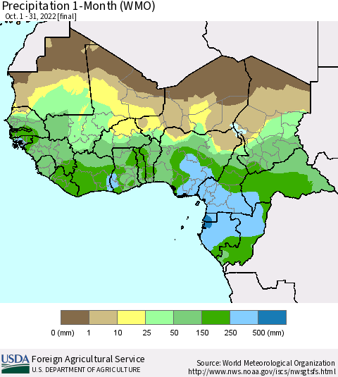 Western Africa Precipitation 1-Month (WMO) Thematic Map For 10/1/2022 - 10/31/2022