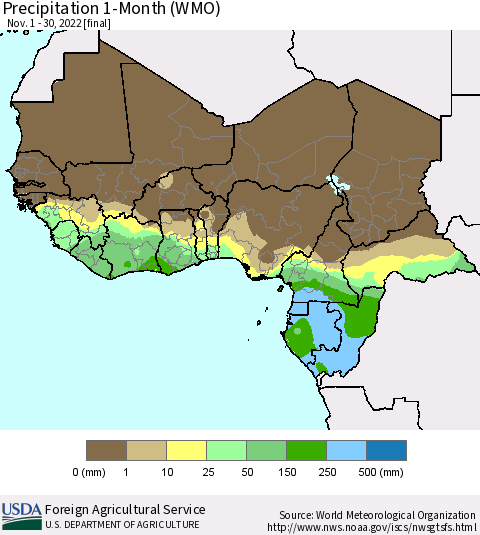 Western Africa Precipitation 1-Month (WMO) Thematic Map For 11/1/2022 - 11/30/2022