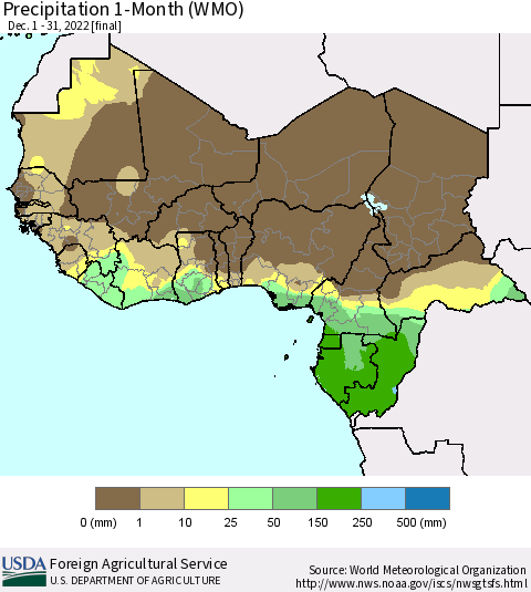 Western Africa Precipitation 1-Month (WMO) Thematic Map For 12/1/2022 - 12/31/2022