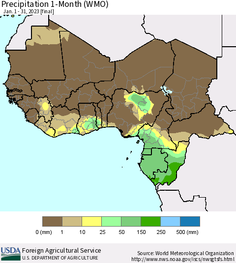 Western Africa Precipitation 1-Month (WMO) Thematic Map For 1/1/2023 - 1/31/2023