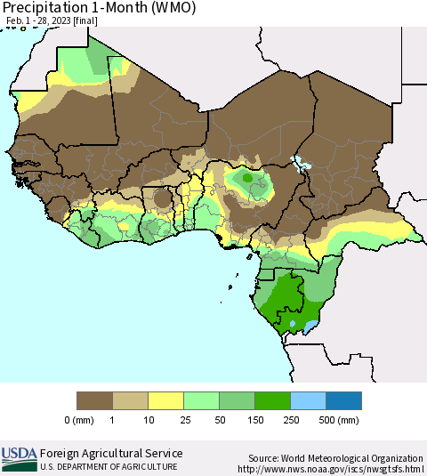 Western Africa Precipitation 1-Month (WMO) Thematic Map For 2/1/2023 - 2/28/2023