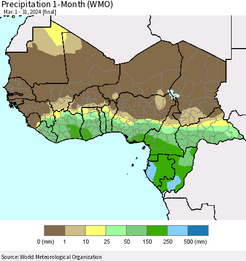 Western Africa Precipitation 1-Month (WMO) Thematic Map For 3/1/2024 - 3/31/2024