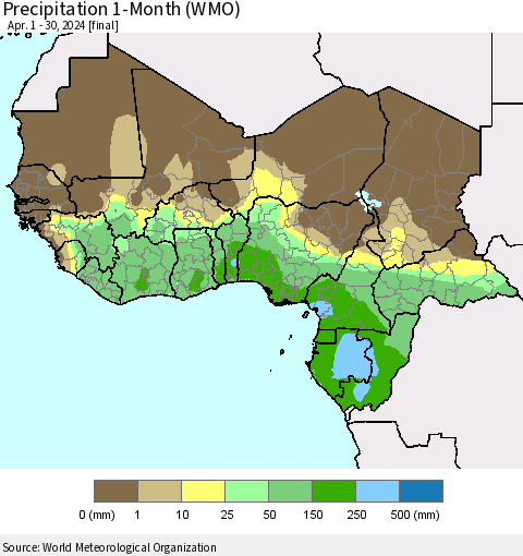 Western Africa Precipitation 1-Month (WMO) Thematic Map For 4/1/2024 - 4/30/2024