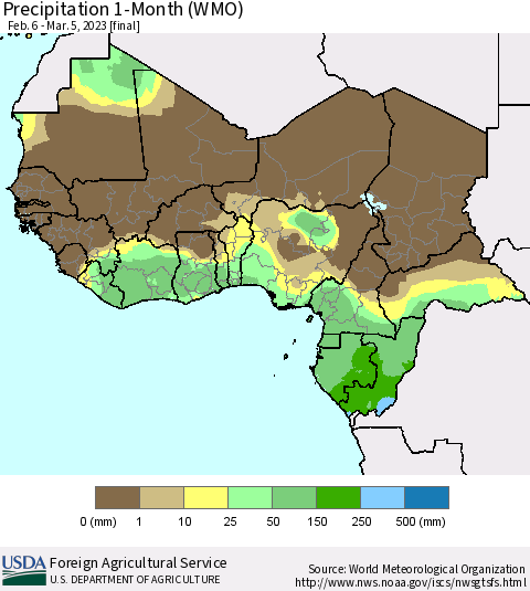 Western Africa Precipitation 1-Month (WMO) Thematic Map For 2/6/2023 - 3/5/2023