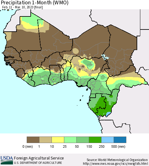 Western Africa Precipitation 1-Month (WMO) Thematic Map For 2/11/2023 - 3/10/2023