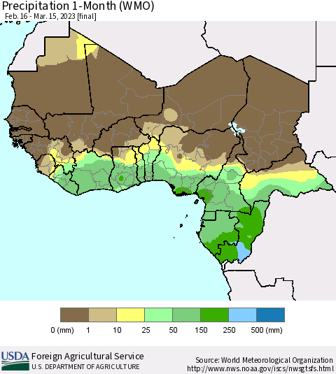 Western Africa Precipitation 1-Month (WMO) Thematic Map For 2/16/2023 - 3/15/2023