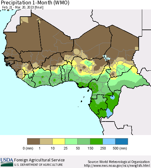Western Africa Precipitation 1-Month (WMO) Thematic Map For 2/21/2023 - 3/20/2023