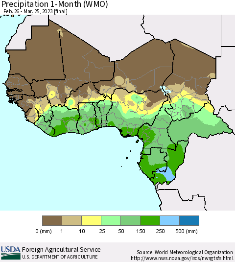 Western Africa Precipitation 1-Month (WMO) Thematic Map For 2/26/2023 - 3/25/2023