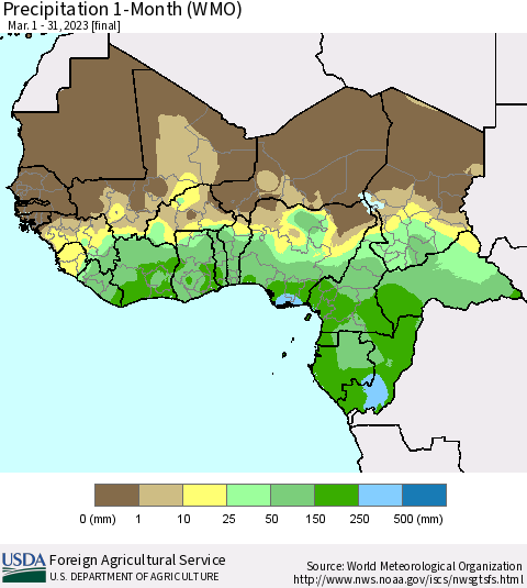 Western Africa Precipitation 1-Month (WMO) Thematic Map For 3/1/2023 - 3/31/2023