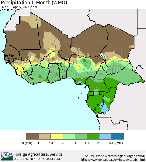 Western Africa Precipitation 1-Month (WMO) Thematic Map For 3/6/2023 - 4/5/2023