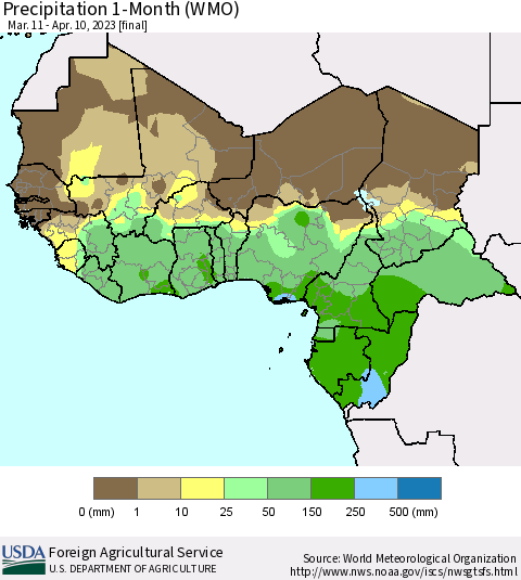 Western Africa Precipitation 1-Month (WMO) Thematic Map For 3/11/2023 - 4/10/2023