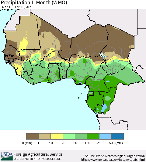 Western Africa Precipitation 1-Month (WMO) Thematic Map For 3/16/2023 - 4/15/2023