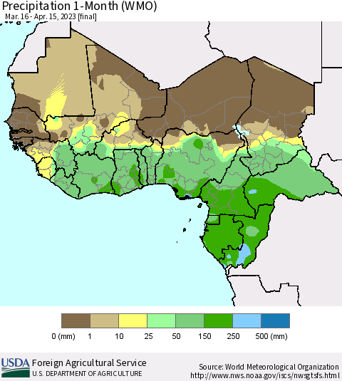 Western Africa Precipitation 1-Month (WMO) Thematic Map For 3/16/2023 - 4/15/2023