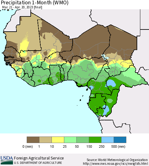 Western Africa Precipitation 1-Month (WMO) Thematic Map For 3/21/2023 - 4/20/2023