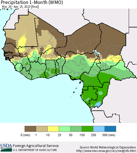 Western Africa Precipitation 1-Month (WMO) Thematic Map For 3/26/2023 - 4/25/2023