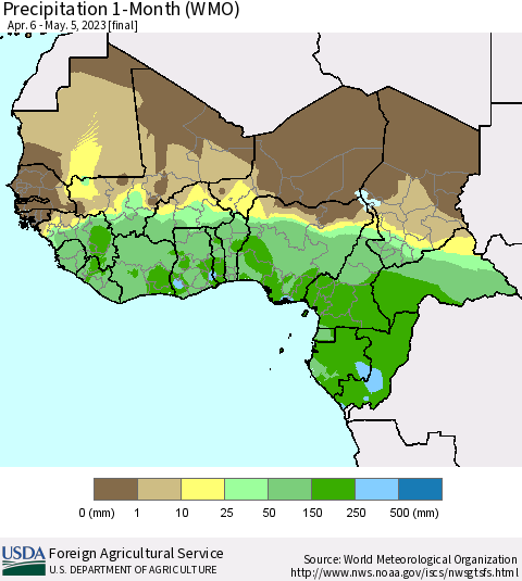 Western Africa Precipitation 1-Month (WMO) Thematic Map For 4/6/2023 - 5/5/2023