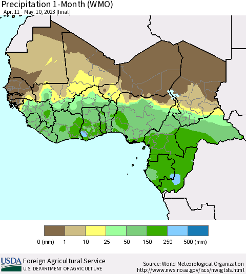 Western Africa Precipitation 1-Month (WMO) Thematic Map For 4/11/2023 - 5/10/2023