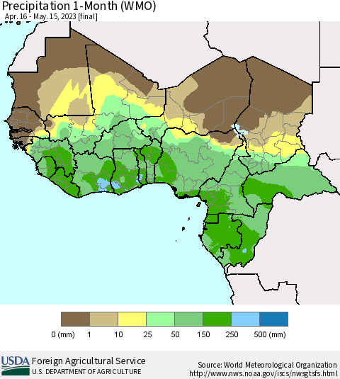 Western Africa Precipitation 1-Month (WMO) Thematic Map For 4/16/2023 - 5/15/2023