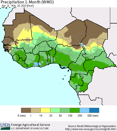 Western Africa Precipitation 1-Month (WMO) Thematic Map For 4/21/2023 - 5/20/2023