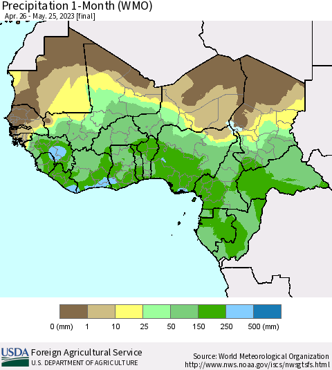 Western Africa Precipitation 1-Month (WMO) Thematic Map For 4/26/2023 - 5/25/2023