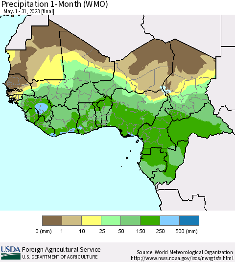 Western Africa Precipitation 1-Month (WMO) Thematic Map For 5/1/2023 - 5/31/2023