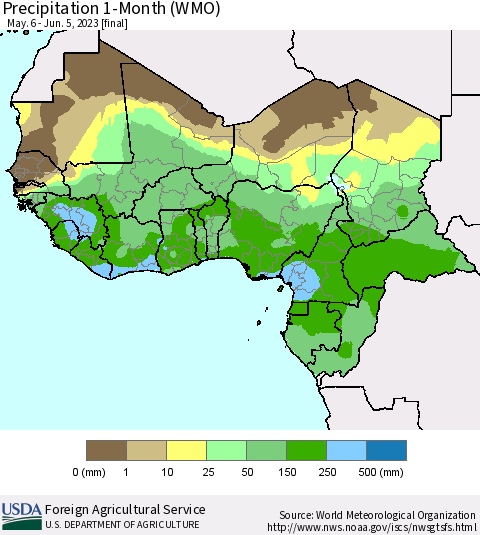 Western Africa Precipitation 1-Month (WMO) Thematic Map For 5/6/2023 - 6/5/2023
