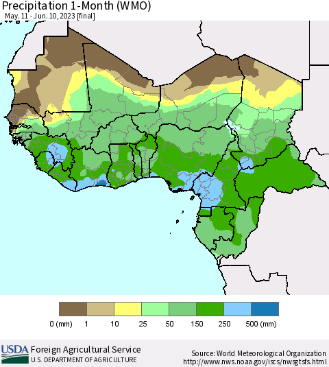 Western Africa Precipitation 1-Month (WMO) Thematic Map For 5/11/2023 - 6/10/2023