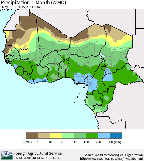 Western Africa Precipitation 1-Month (WMO) Thematic Map For 5/16/2023 - 6/15/2023