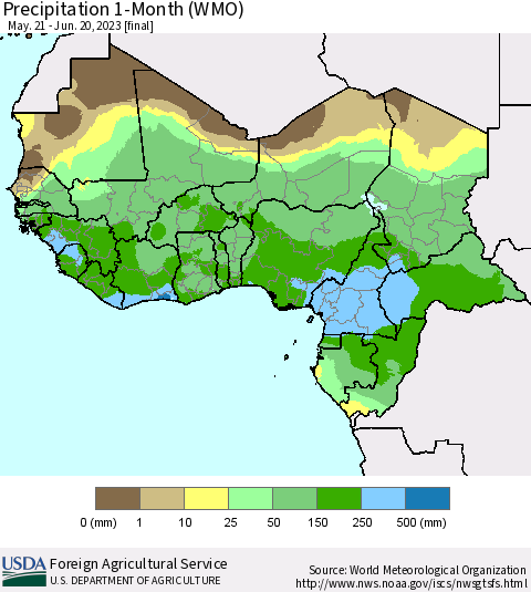 Western Africa Precipitation 1-Month (WMO) Thematic Map For 5/21/2023 - 6/20/2023