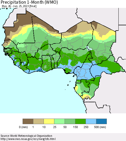 Western Africa Precipitation 1-Month (WMO) Thematic Map For 5/26/2023 - 6/25/2023