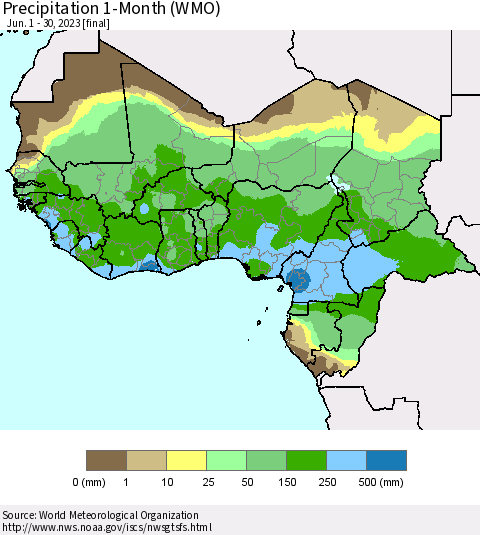 Western Africa Precipitation 1-Month (WMO) Thematic Map For 6/1/2023 - 6/30/2023