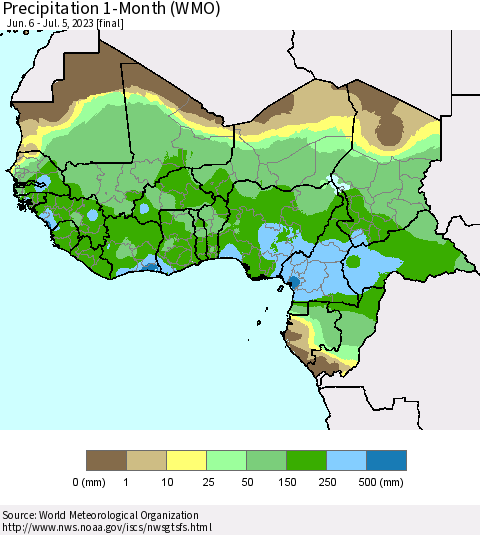 Western Africa Precipitation 1-Month (WMO) Thematic Map For 6/6/2023 - 7/5/2023