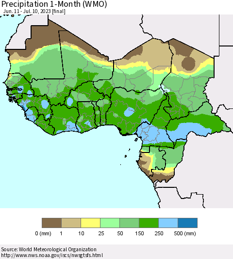 Western Africa Precipitation 1-Month (WMO) Thematic Map For 6/11/2023 - 7/10/2023