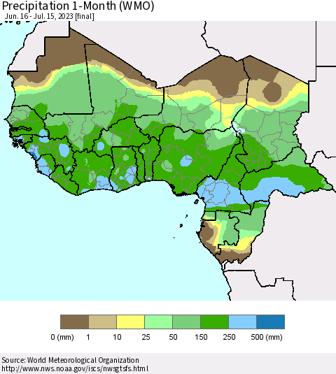 Western Africa Precipitation 1-Month (WMO) Thematic Map For 6/16/2023 - 7/15/2023