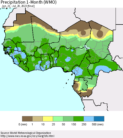 Western Africa Precipitation 1-Month (WMO) Thematic Map For 6/21/2023 - 7/20/2023