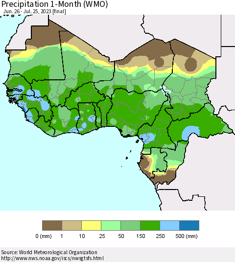 Western Africa Precipitation 1-Month (WMO) Thematic Map For 6/26/2023 - 7/25/2023