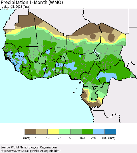 Western Africa Precipitation 1-Month (WMO) Thematic Map For 7/1/2023 - 7/31/2023