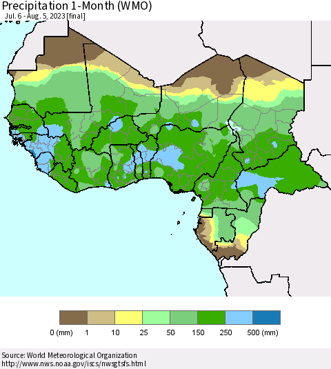 Western Africa Precipitation 1-Month (WMO) Thematic Map For 7/6/2023 - 8/5/2023