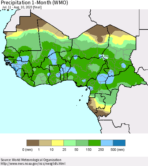 Western Africa Precipitation 1-Month (WMO) Thematic Map For 7/11/2023 - 8/10/2023