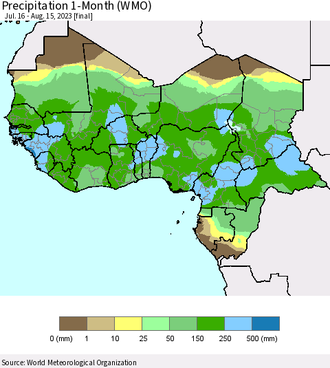 Western Africa Precipitation 1-Month (WMO) Thematic Map For 7/16/2023 - 8/15/2023